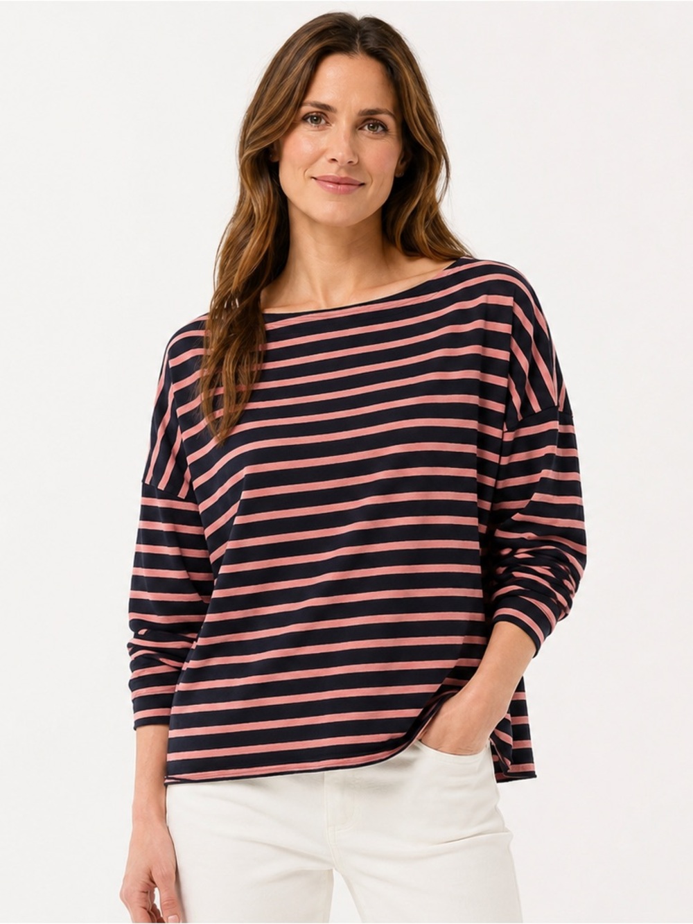 J.Jill Striped Cotton Long Sleeve Boat Neck Top Navy Pink L